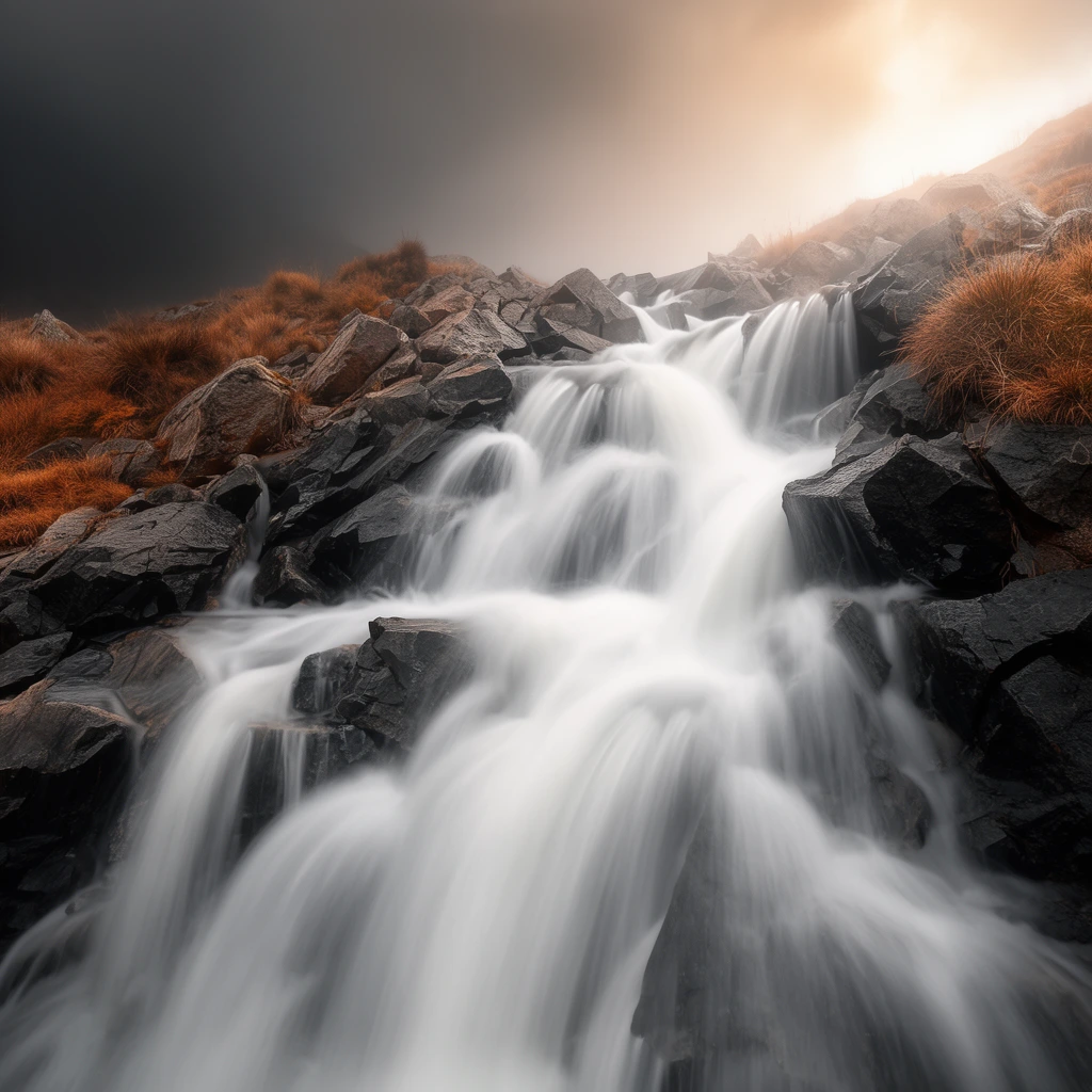 A slow-shutter landscape photograph captures a cascading waterfall flowing over jagged, dark gray rocks. The flowing water appears as a smooth, milky white blur, creating a soft, ethereal texture that contrasts sharply with the harsh, angular edges of the stones. The water rushes downwards in multiple tiers and streams, filling the lower half of the frame. Clumps of dry, rust-colored and golden-brown grass cling to the rocky slopes on either side of the waterfall, adding warm, earthy tones to the scene. The top of the rocky incline meets a dramatic, atmospheric sky. The left side of the sky is dominated by a heavy, dark, brooding gray storm cloud, while the right side is pierced by a bright, hazy, warm glow of sunlight attempting to break through the mist. The perspective is taken from a low angle, looking slightly upwards along the path of the water, emphasizing the dynamic flow and the rugged terrain. The lighting is dramatic and moody, with a strong contrast between the deep shadows of the rocks and the bright, smooth water, all enveloped in a soft, misty atmosphere.