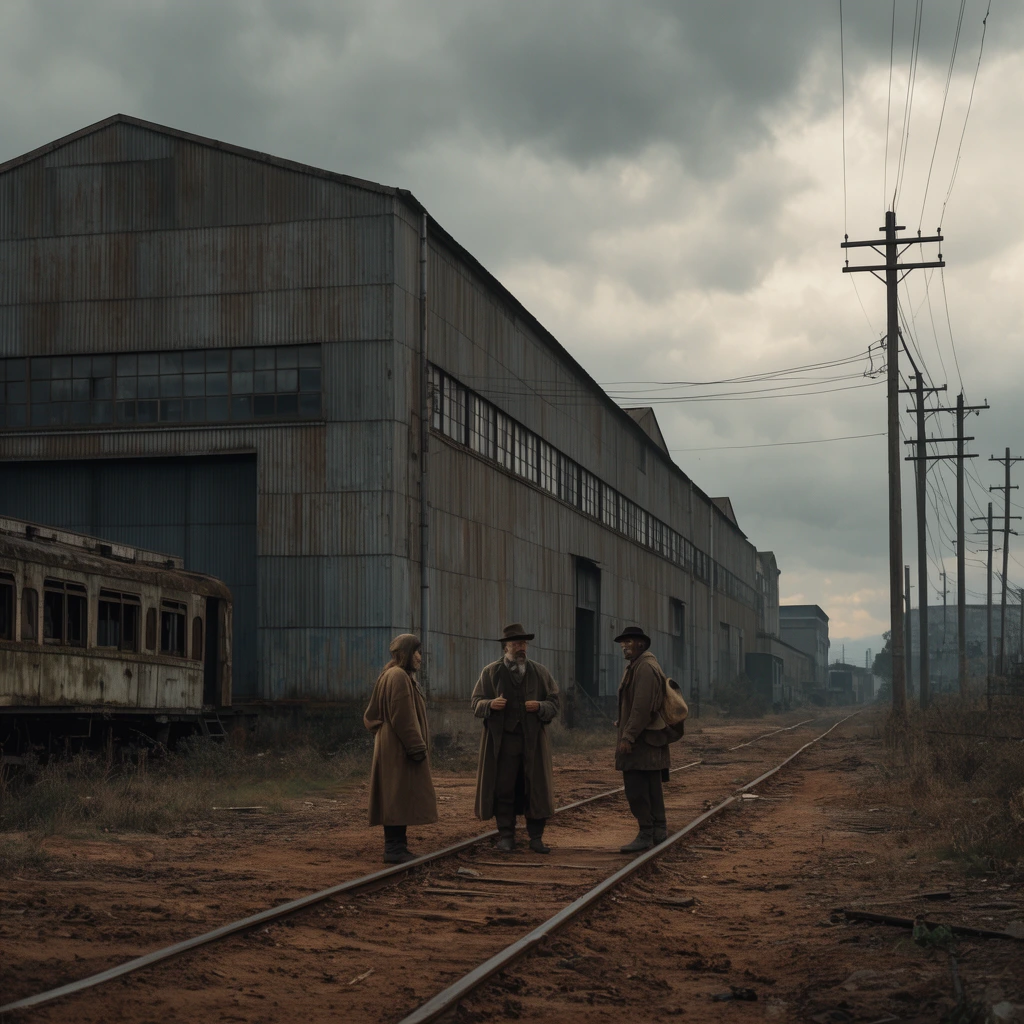 three figures on dirt train tracks, large corrugated metal industrial building, utility poles, abandoned train car, overcast sky, muted earthy tones