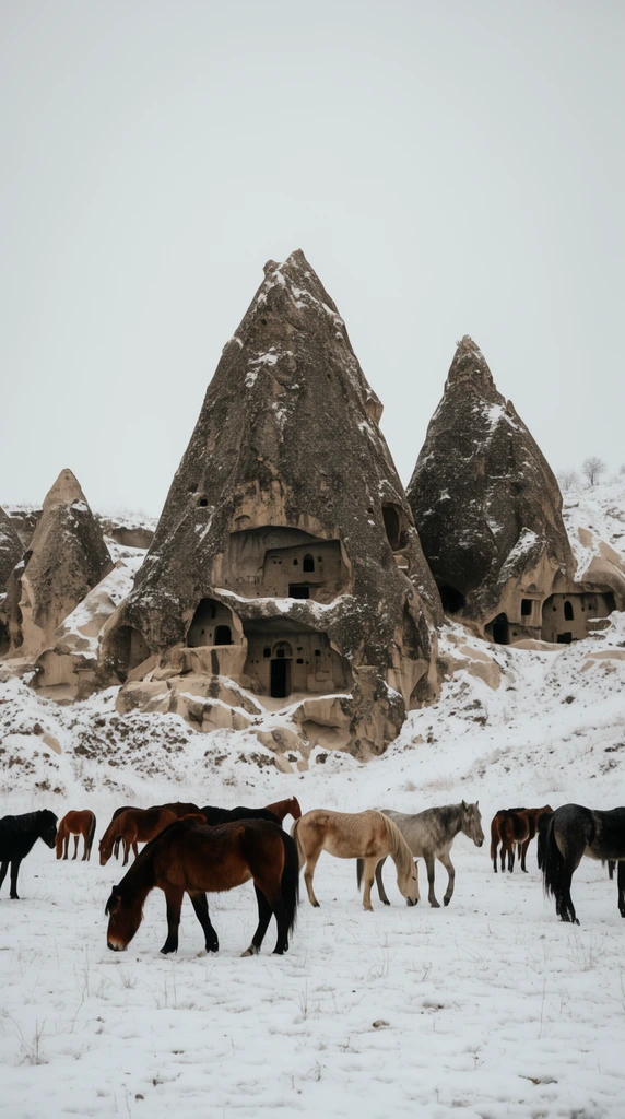 mixed herd of grazing horses in a snow-covered field, towering conical rock formations with carved cave dwellings, dark stone contrasting with white snow, overcast winter sky, muted earthy tones