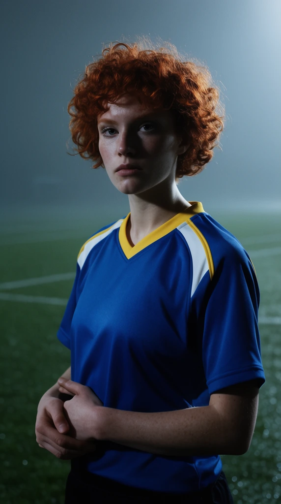 A young female athlete with short curly red hair stands on a misty outdoor athletic field. She wears a blue short-sleeved sports jersey with yellow and white trim on the collar and shoulders. Her hands are loosely clasped at her waist, and she gazes forward with a focused, intense expression. Dramatic cool-toned lighting highlights her facial features against the foggy background, creating a moody, high-contrast sports portrait.