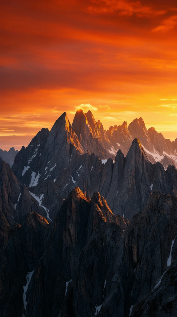 jagged mountain range, sharp rocky peaks with small snow patches, fiery orange and yellow sunset sky, golden light hitting highest tips, cinematic landscape photography, high contrast