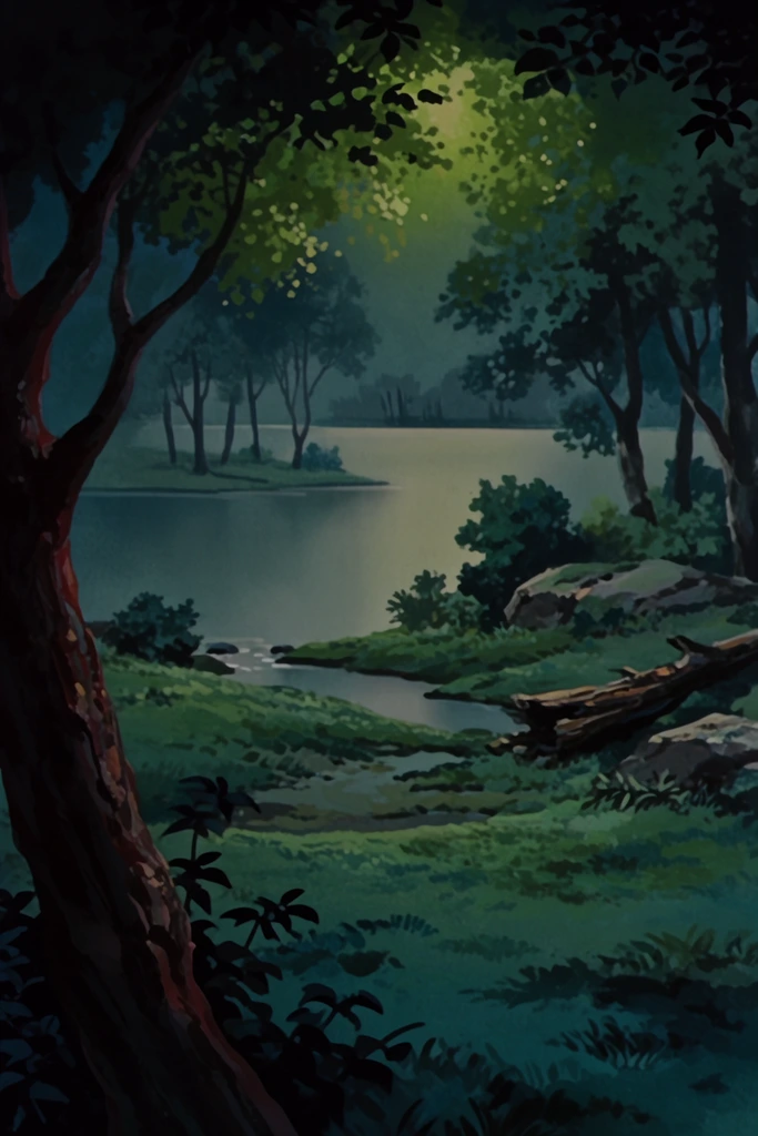 A tranquil, dimly lit forest landscape borders a calm lake under a glowing nocturnal light. On the left foreground, a thick, twisting tree trunk frames the scene, cast in deep shadow with subtle reddish-brown highlights. The uneven grassy terrain slopes toward a winding stream feeding into a smooth lake in the midground. Scattered bushes, rocky outcrops, and a fallen decaying log rest along the right bank. Across the pale, reflective water, distant silhouetted trees with thin trunks line the hazy far shore. Rendered as classic mid-century 2D animation background art using traditional gouache techniques, the piece utilizes soft brushstrokes and atmospheric perspective. The color palette is dominated by deep teals, forest greens, and soft yellowish-green highlights that simulate moonlight filtering through an overhead canopy.