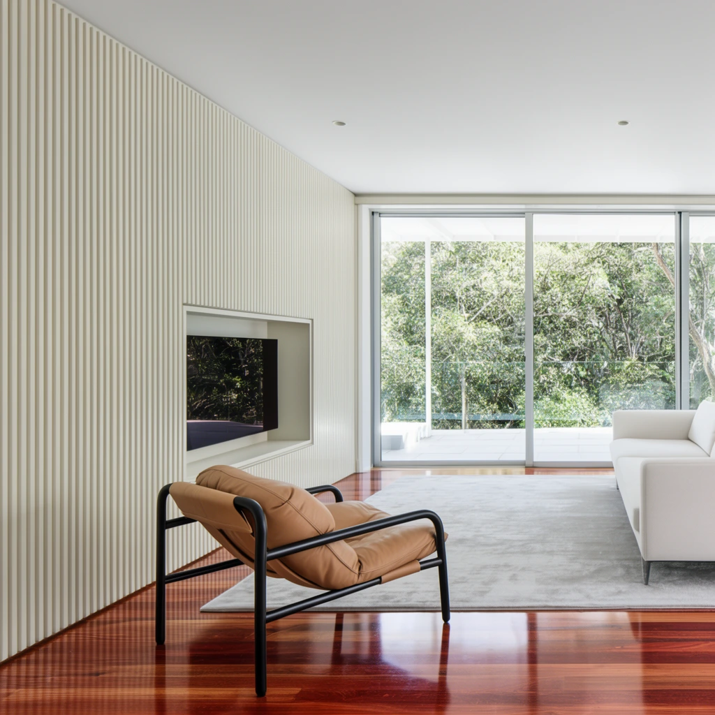 A minimalist living room features an off-white vertical slatted wall and a highly polished reddish-brown hardwood floor. A tan leather lounge chair with a black tubular frame sits in the foreground. The ridged wall includes a recessed niche holding a dark television screen. To the right, a light gray rug anchors a sleek white sofa. Floor-to-ceiling sliding glass doors at the rear reveal an outdoor patio and dense green foliage, flooding the contemporary architectural space with bright natural daylight.