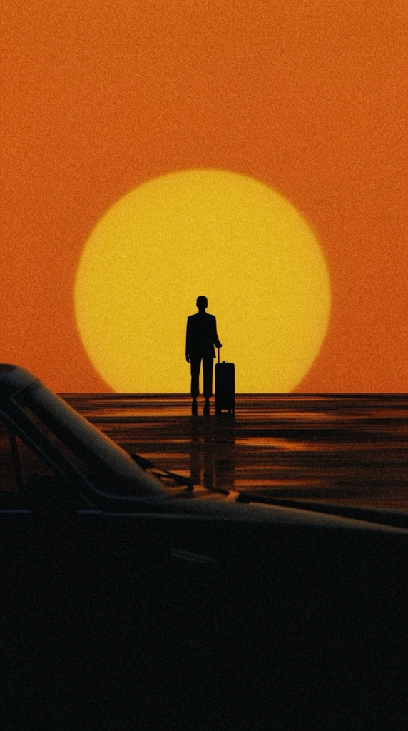 silhouetted figure with suitcase facing a massive yellow sun, dark reflective ground, car silhouette foreground, orange sky, heavy film grain, minimalist cinematic