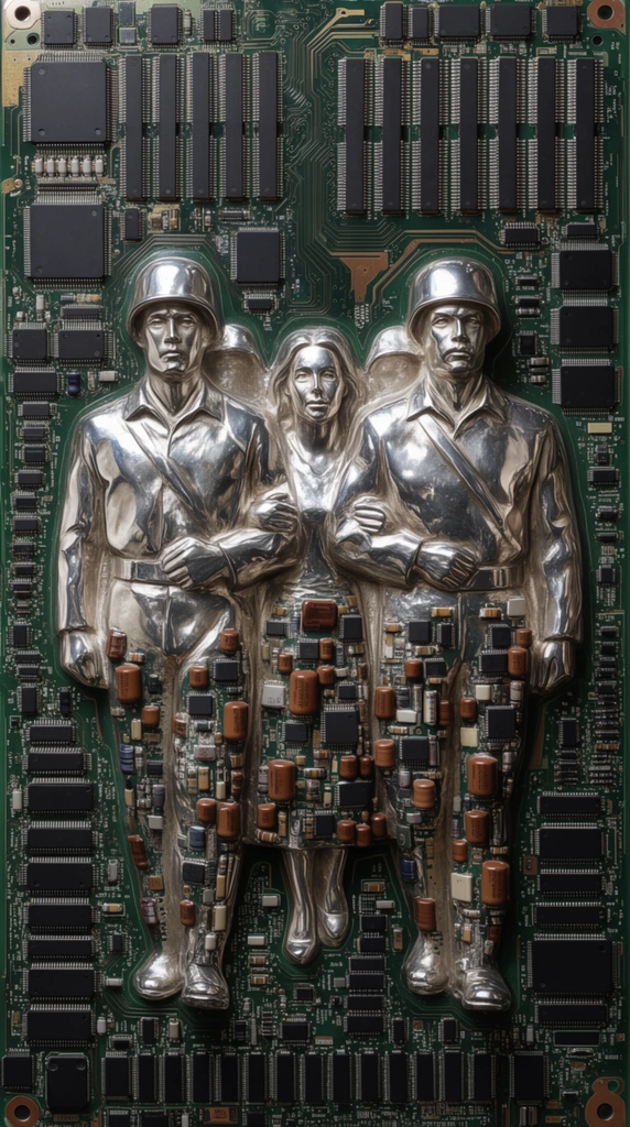 A metallic bas-relief sculpture of guards escorting a woman embedded within a densely populated green printed circuit board. The central figures of the guards and the woman are rendered in highly polished, gleaming silver metal, emerging as three-dimensional sculptural forms directly from the flat electronic substrate. Their facial features, postures, and clothing catch stark, specular highlights from precise directional lighting, creating high-contrast reflections and deep drop shadows that emphasize their raised, sculpted volume. Surrounding and partially integrating into the lower forms of the figures is a meticulously arranged hardware mosaic of electronic components. The background features a dark forest-green fiberglass solder mask heavily overlaid with rigid, architectural grids of matte black integrated microchips with tiny silver pins, cylindrical brown ceramic capacitors, and intricate geometric pathways of copper and gold traces. The top-down, orthographic flat-lay perspective captures the extreme macro-level sharpness and dense, textured topography of the technological assemblage, blending classical sculptural high-relief with an intricate, cybernetic hardware aesthetic.