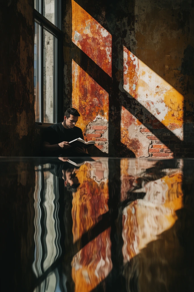 A man sits reading an open book beside a tall architectural window, the entire composition bisected horizontally by a wavy, rhythmic mirrored reflection occupying the bottom half of the frame. The walls surrounding the man feature heavily distressed, aged textures with peeling, flaking plaster revealing vibrant underlying layers of ochre, burnt sienna, rust, and exposed raw red brick. Hard, directional sunlight strikes the scene at a steep angle, casting stark, high-contrast geometric diagonal shadows that sharply divide the brilliantly illuminated areas from deep, impenetrable black voids. The upper half of the frame is rendered in sharp, tactile focus, emphasizing the gritty decay of the walls and the crisp edges of the light beams. The lower half distorts the man, the window, and the brightly colored weathered walls into fluid, undulating vertical striations, creating a glossy, liquid-like visual effect that perfectly mirrors the warm earthy palette and deep shadows of the scene above.