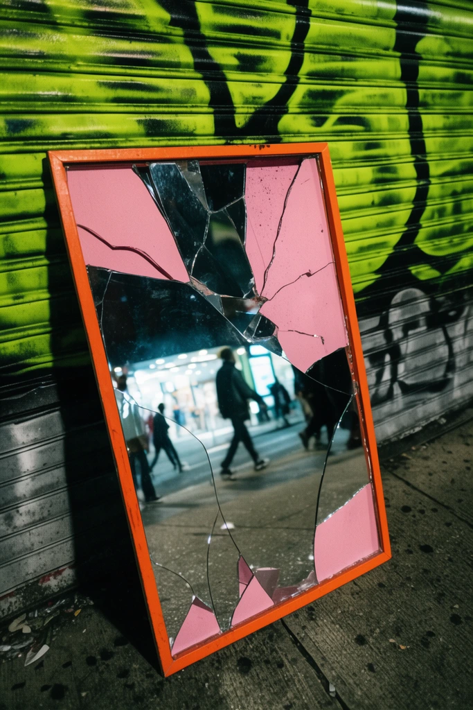 large shattered mirror with an orange frame leaning on an urban sidewalk at night, jagged glass missing pieces revealing matte pink backing, reflection of pedestrians and a brightly lit storefront, background corrugated metal gate covered in vibrant lime green and black spray paint, gritty urban street photography, high contrast, dynamic tilted composition