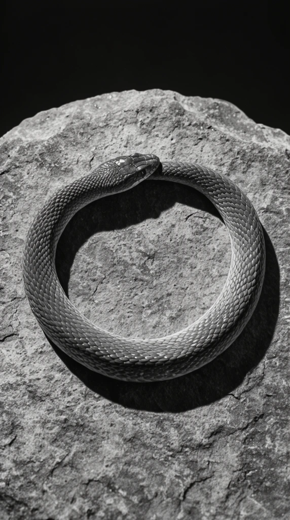 snake biting its own tail forming a perfect circle, resting flat on a rough pitted stone slab, high-contrast black and white photography, deep black background void, sharp dramatic lighting casting distinct crescent shadows, intricate scale texture, irregular rocky surface, fine art macro still life