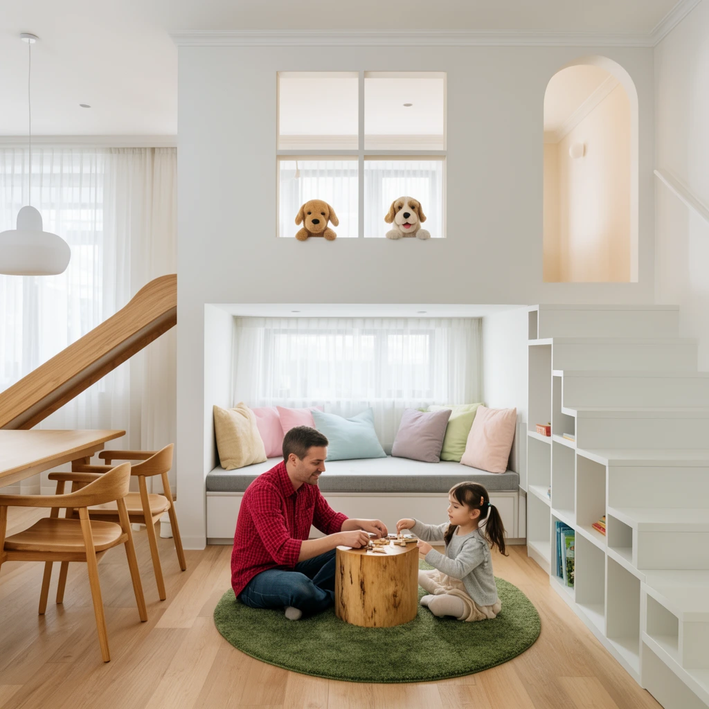 A man in a red checkered shirt and a young girl in pigtails sit cross-legged on a round green rug, playing around a wooden stump table. They occupy a bright, modern, multi-level living space with light wood flooring. Behind them, a cozy window seat with pastel pillows sits beneath a white wall featuring a four-pane interior window cutout where two plush dogs peek out. White cubby stairs ascend on the right toward an arched doorway, while a wooden dining table and an indoor slide frame the left. The airy lifestyle photograph is bathed in soft natural light.