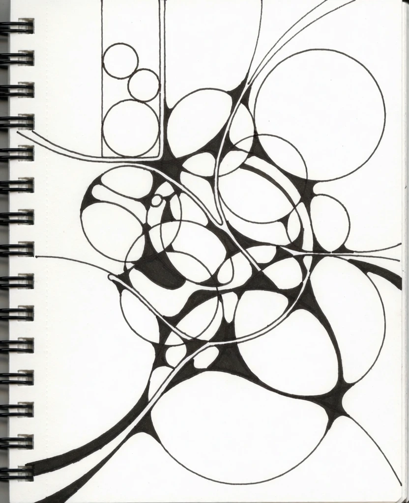 An abstract black ink drawing featuring interconnected circular and geometric shapes is centered on a white page of a spiral-bound sketchbook. The composition consists of numerous overlapping circles, semi-circles, and organic cells linked by a network of flowing, curved lines. In the upper left quadrant, a thin-lined vertical rectangle encloses two small circular forms, while a large, thin-lined circle occupies the upper right space. The points where lines intersect or meet are heavily weighted and filled in with solid black ink, creating smooth, rounded transitions that resemble neural structures. Line thickness varies throughout the piece, ranging from fine strokes to bold, saturated black bands. The central cluster of shapes is densely packed, with lines trailing off into wider, sweeping curves toward the bottom edge of the paper. The drawing is framed by the stark white background of the sketchbook page, with the black coils of a spiral binding running vertically down the left side. The image is captured from a direct, overhead perspective under even lighting, presenting a high-contrast monochromatic color palette of black ink on white paper.