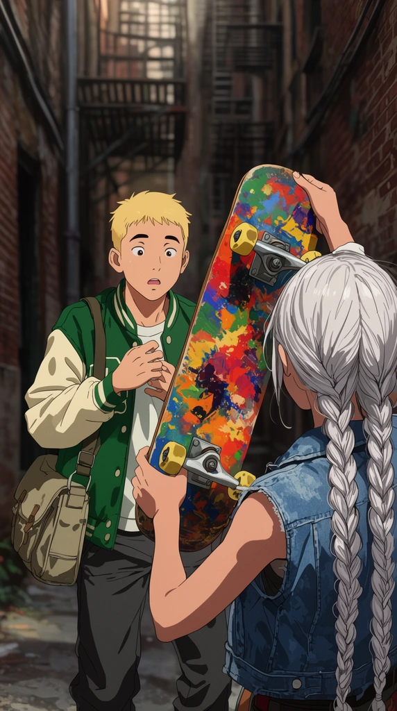 Two characters interact in a shaded brick alleyway rendered in a detailed 2D anime style. In the right foreground, seen from behind, a girl with long silver braids and a denim vest raises a vividly painted skateboard. Facing her, a boy with short blonde hair and a green varsity jacket stares at the board with a startled expression, hands hesitantly lifted near his chest. A canvas messenger bag hangs from his shoulder. Soft daylight creates a shallow depth of field, blurring the background's weathered fire escapes and emphasizing the boy's surprised reaction.