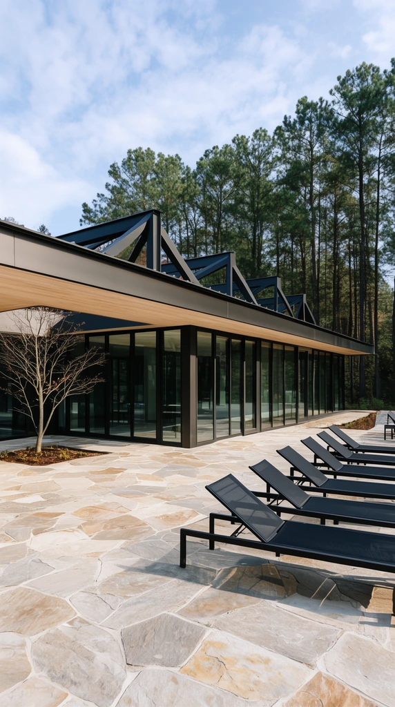 modern single-story glass pavilion architecture, dark structural framing, floor-to-ceiling windows, wide overhanging flat roof, light wood soffit, angled dark roof trusses, expansive flagstone terrace, row of black mesh lounge chairs, small bare tree in patio cutout, dense pine forest background, wide-angle architectural photography, bright daylight
