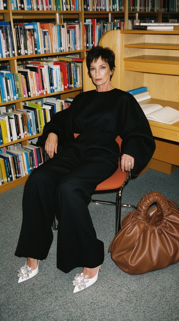 A mature woman with short dark hair and a stern expression sits confidently in a library. She wears a voluminous black jumpsuit with exceptionally wide sleeves and sweeping trousers, accented by pointed-toe white heels with massive crystal flower appliqués. She rests on a chrome-legged chair with a rust-orange seat, an oversized gathered brown leather bag sitting on the gray carpet nearby. Light wood bookshelves packed with vibrant volumes and a wooden study carrel frame the background. Direct, high-intensity flash photography creates sharp shadows, high contrast, and a glamorous editorial film aesthetic.