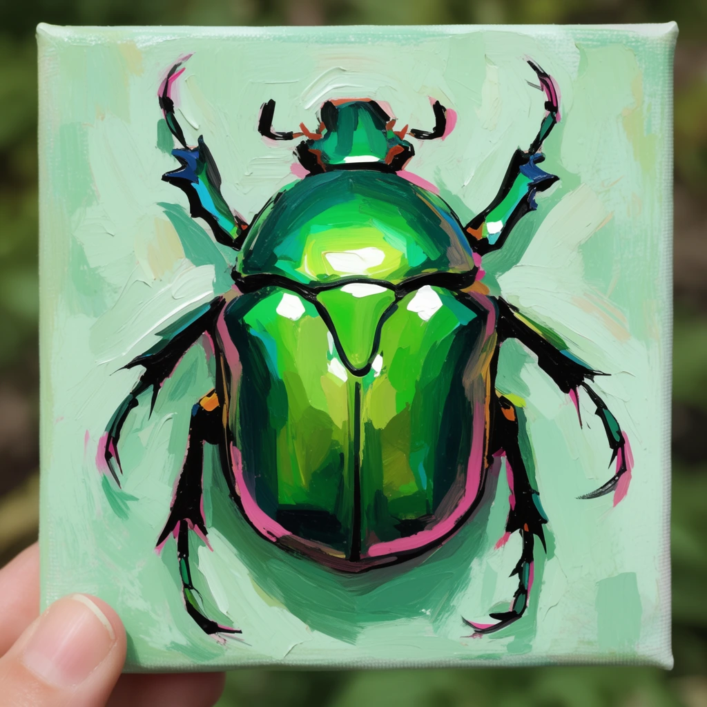 impasto painting of an iridescent green scarab beetle on a small square canvas, held by fingers at the bottom left edge, thick expressive brushstrokes, vibrant emerald carapace with stark white highlights, angular black legs with pink accents, abstract mint green brushstroke background, bold color blocking, loose painterly texture