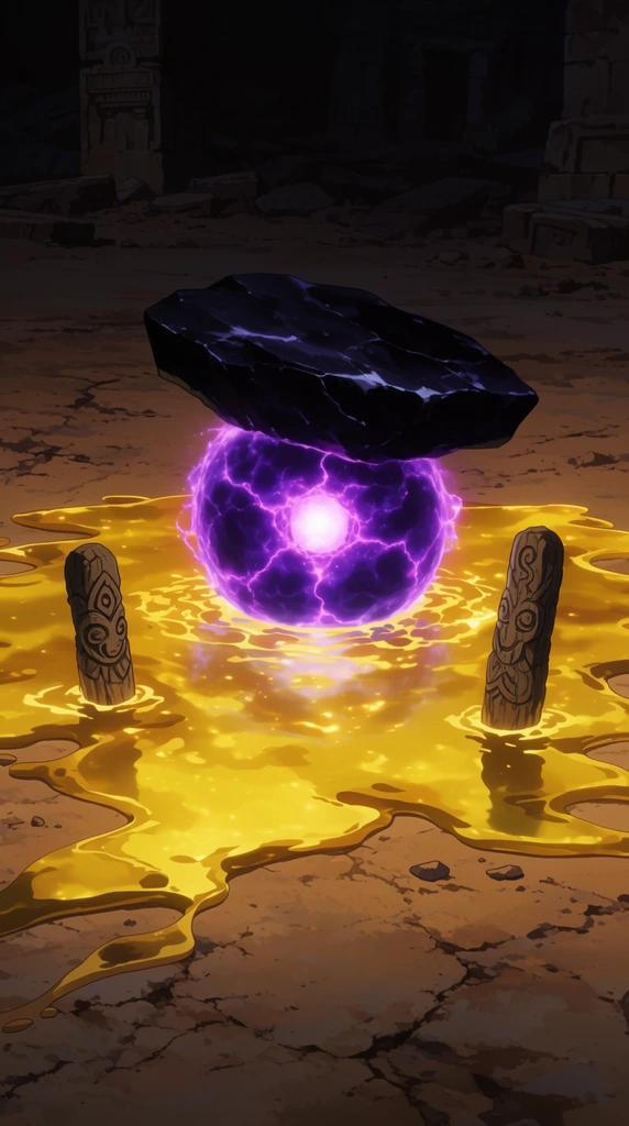 Pulsating sphere of crackling purple plasma with a glowing central core, trapped beneath a heavy slab of dark obsidian, sprawling puddle of luminescent golden liquid spreading across a cracked desert floor, two carved wooden totems standing upright within the golden pool, ancient ruins shrouded in darkness in the background, 2D anime art style, moody low-key lighting, high contrast, vibrant saturated colors