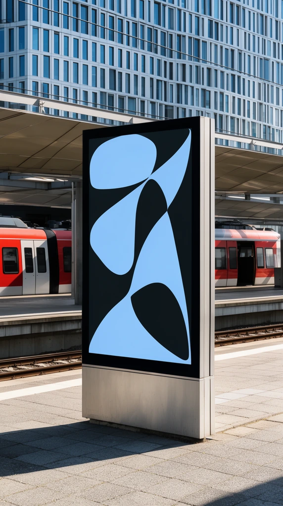 large outdoor billboard with light blue abstract graphic, modern train platform, red and white train under canopy, modern building with dense grid of rectangular windows, bright sunlight, strong geometric shadows, sharp urban photography