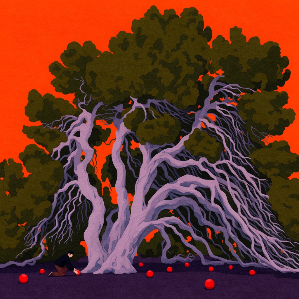 A stylized illustration of a massive, sprawling tree with thick, gnarled, pale lavender trunks and dark olive-green foliage set against a vibrant, flat neon orange sky. The tree's tangled branches droop heavily toward the dark purple ground. At the left base of the tree, a tiny kneeling human figure in a dark jacket and brown pants reaches for one of several bright red spherical objects scattered across the earth. The artwork features a distinct, textured paper grain with a bold, contrasting color palette, utilizing flat graphic shapes and organic, cloudy clusters for the leaves to create a surreal atmosphere emphasizing the enormous scale of the heavy botanical structure.