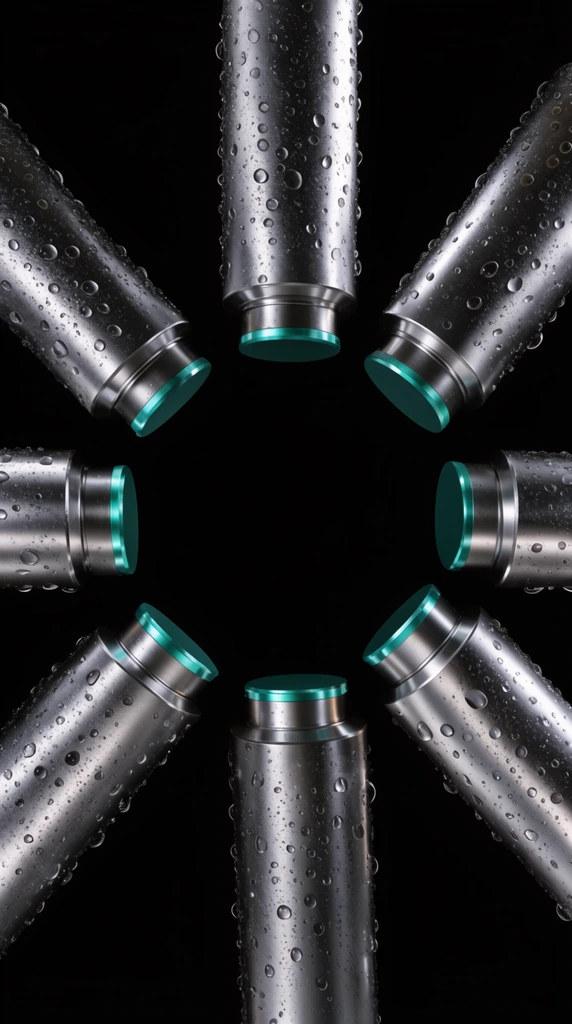 seven floating metallic cylinders in a circular formation, brushed titanium with neon teal accents, covered in realistic condensation droplets, stark black background, dramatic studio lighting, sharp highlights, hyper-realistic, high contrast