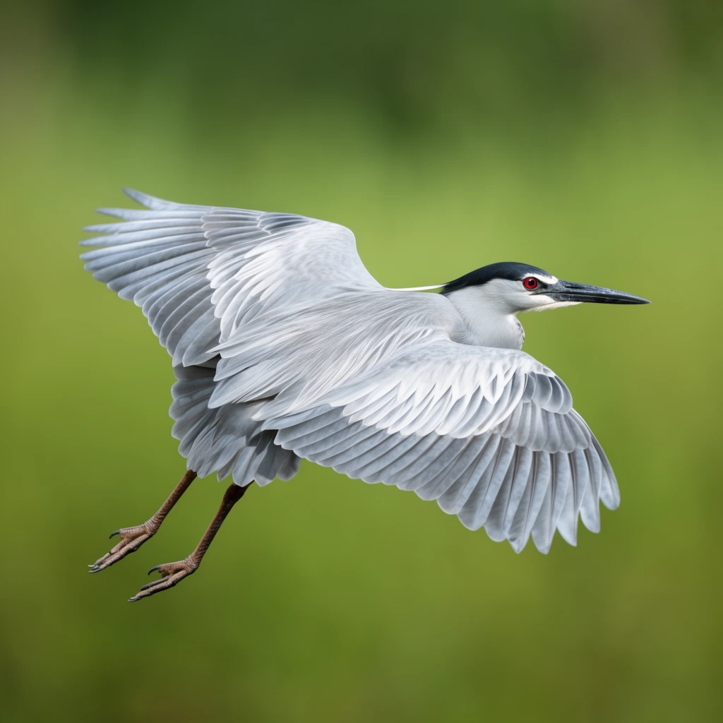 flying heron, pale gray plumage, black crown, piercing red eye, pointed dark beak, wide extended wings, trailing legs, completely blurred smooth green background, high-speed wildlife photography, sharp focus, telephoto lens
