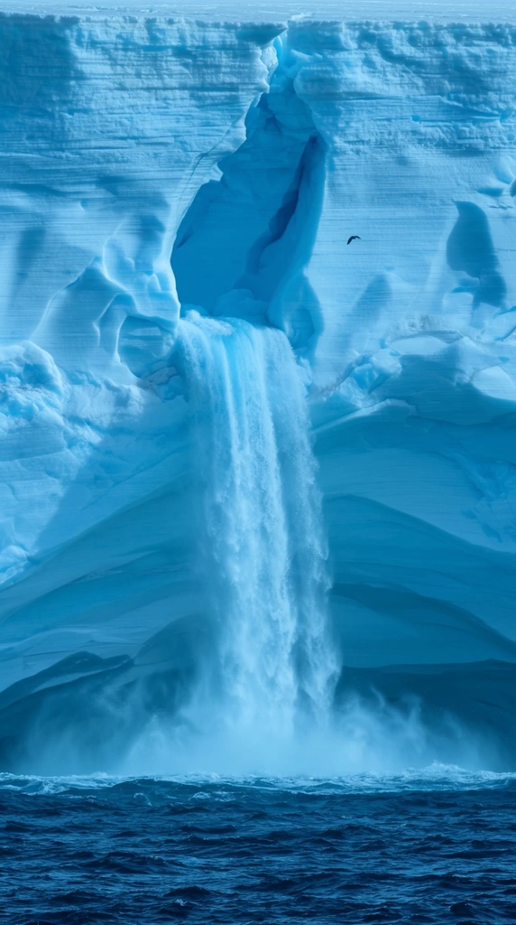 A colossal, intensely blue glacial ice wall features a powerful waterfall plunging from a cavernous alcove halfway down its sheer face. The meltwater cascades in a misty column, crashing into the choppy navy ocean below in a large cloud of white spray. The massive ice cliff exhibits horizontal striations, sculpted curves, and deep azure shadows. A tiny silhouetted bird flies near the upper right, establishing a dramatic sense of scale against the towering formation. The monochromatic cyan and deep blue color palette highlights the majestic polar landscape through a tight, immersive composition.