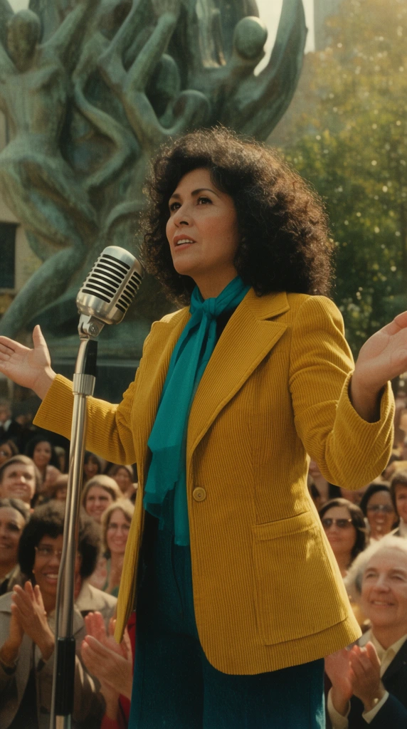 middle-aged Latina woman delivering speech, voluminous curly dark hair, mustard yellow corduroy blazer, teal scarf, arms spread wide, retro silver microphone, diverse crowd applauding, bronze abstract sculpture background, 1970s cinema aesthetic, vintage film grain, warm sunlight, low angle medium shot