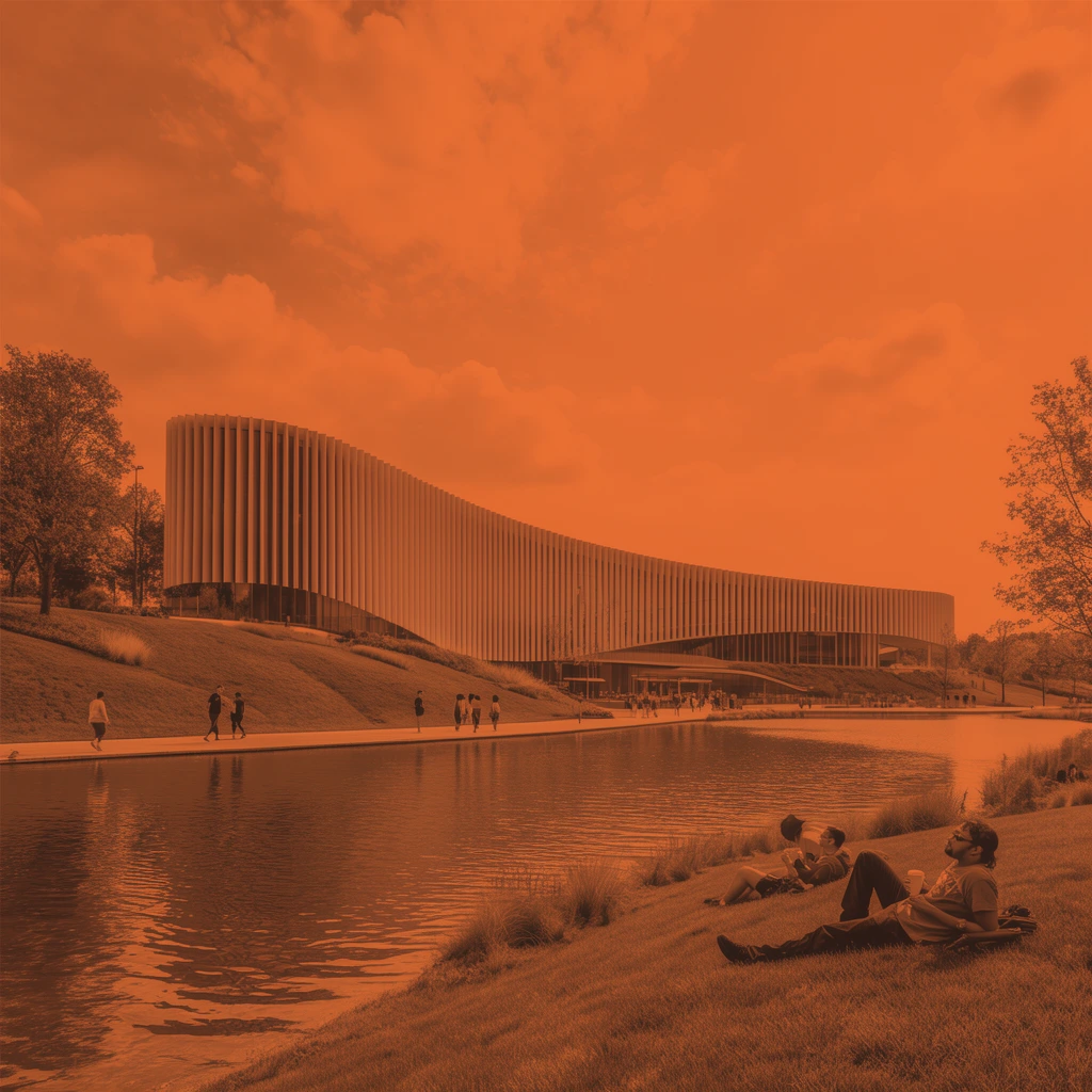 A modern architectural complex featuring a sweeping, curved facade of vertical fins overlooks a tranquil body of water under a cloudy sky. The entire scene is bathed in a uniform, deep orange monochromatic color grade, creating a stylized duotone aesthetic. In the foreground, figures lounge casually on a grassy bank near the bottom right, while others stroll along a paved pathway bordering the reflective water. The wide-angle perspective captures the expansive landscape, contrasting the sleek, structured lines of the contemporary building with the organic forms of the sloping hills, nearby trees, and gentle ripples on the water's surface.
