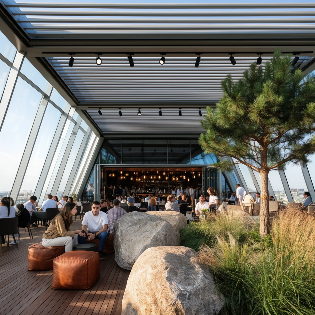 A modern, semi-enclosed rooftop terrace bustling with patrons. A man and woman sit on brown leather poufs upon a wooden deck beside large boulders. A pine tree and tall grasses grow in a landscaped bed on the right. A slatted pergola with track lighting covers the space, framed by slanted glass walls. In the background, a busy indoor bar area glows with warm pendant lights. Wide-angle architectural photography, bright daylight, sharp focus.