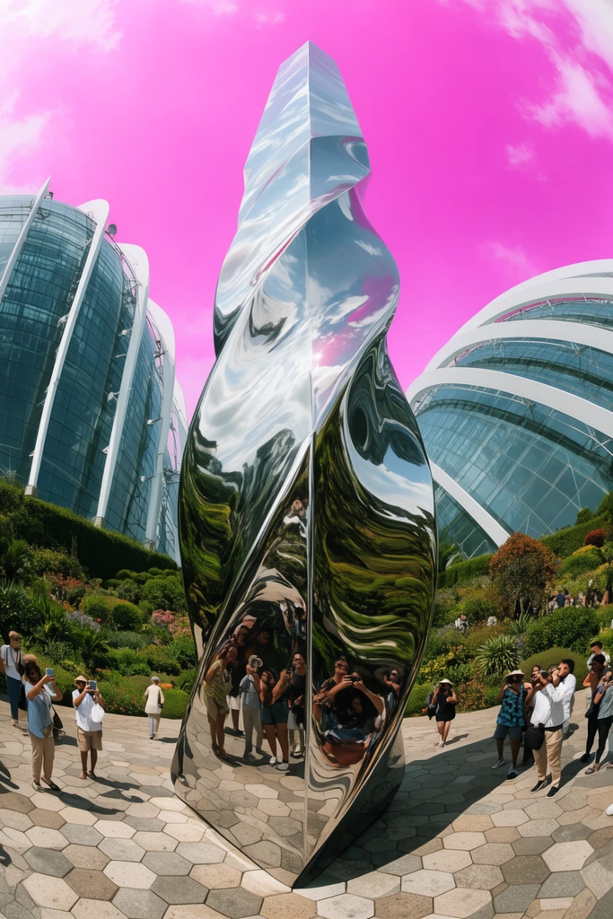 A colossal twisted mirrored obelisk on a hexagonal plaza sharply warps reflections of towering glass biodomes, lush gardens, and crowds taking photos. The polished metal creates extreme wide-angle distortions under a bright magenta sky.
