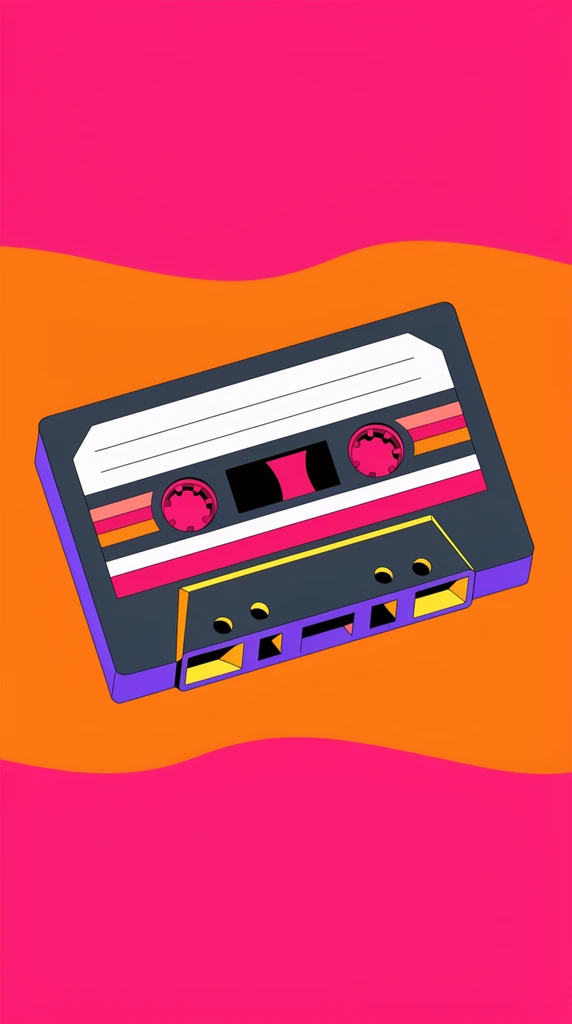 A bold vector illustration of an angled cassette tape floating against wavy horizontal bands of bright pink and orange. The dark grey tape features a white label, colorful horizontal stripes, reddish-pink spools, and a purple base with yellow geometric 3D drop shadows. The flat, clean composition highlights a vibrant retro pop-art palette.