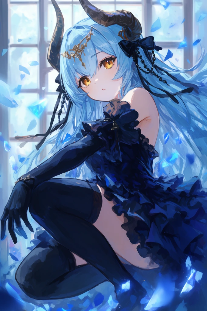 A young woman with flowing light blue hair and large curved dark horns crouches amidst floating blue crystalline shards. She features striking amber-gold eyes, a delicate gold forehead ornament, and an elaborate layered dark navy dress with ruffled edges, long black gloves, and thigh-high stockings. Black ribbons and beaded chains adorn her sweeping hair. Resting one gloved hand near her bent knee, she gazes directly upward. The background features a brightly lit paneled window grid filtering soft daylight into the airy space. Ethereal, glowing blue petal fragments drift dynamically through the shallow depth of field. The digital anime-style artwork employs a cool, painterly blue color palette contrasted by her warm eyes, utilizing soft atmospheric lighting and expressive brushstrokes to give her hair and ruffled garments a fluid sense of motion.