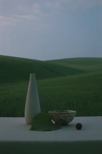 Ethereal Pastoral Minimalism style reference image — rolling green hills