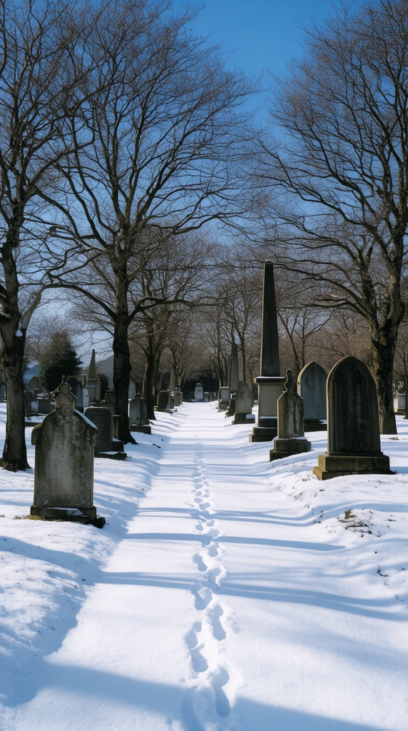 A snow-covered cemetery under a clear blue sky centers on a pristine path marked by a single trail of footprints. Bare deciduous trees line the walkway, casting stark horizontal shadows across the bright snow. Weathered stone grave markers, including arched headstones and obelisks, flank the route. Crisp natural daylight and deep depth of field highlight the high contrast between the white ground, intricate dark branches, and solemn monuments.