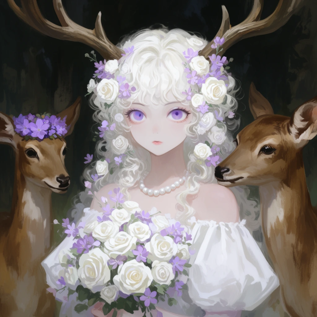 A painterly anime-style portrait of a pale young woman with large deer antlers and voluminous curly white hair, flanked by two brown deer in a shadowy forest. She features wide purple eyes, a pearl necklace, and a puffy off-the-shoulder white blouse. Her hair and a large held bouquet are intricately woven with white roses and delicate purple blossoms. The deer on the left wears a purple flower crown, while the right deer rests its head near her shoulder. The digital painting utilizes soft brushstrokes, contrasting the dark, moody background against the ethereal whites, soft purples, and warm earthy browns of the subjects.