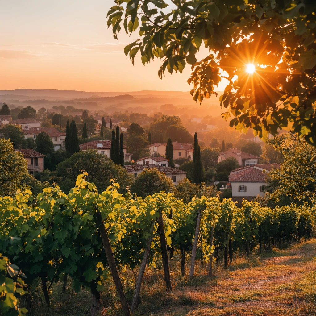 A golden hour landscape viewing a village from a hillside vineyard. Lush green grapevines on wooden trellises dominate the warm, illuminated foreground. An overhanging leafy branch frames the upper right, pierced by a brilliant sunburst. Terracotta-roofed houses nestle amidst dense trees and tall cypresses in the midground. The distant hazy rolling hills fade into a soft orange sky, creating strong atmospheric perspective and a vibrant natural color palette.