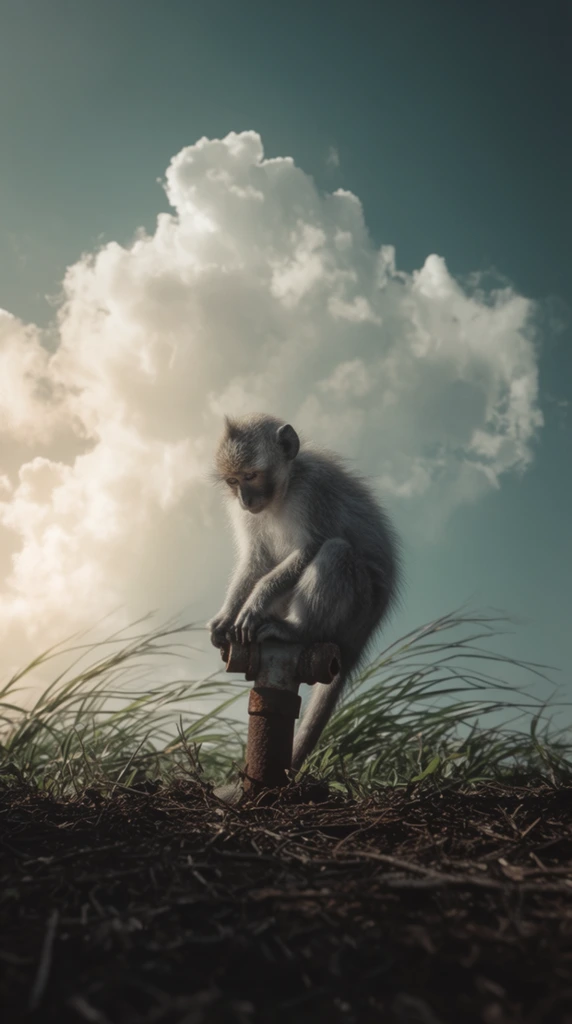 A small grey monkey sits hunched on a rusted metal post against a dramatic sky. The primate features fluffy fur, gripping the weathered pipe while looking downward. The foreground consists of dark, tangled dry earth and sparse green grass blades bending in the wind. A cinematic low-angle perspective emphasizes the expansive muted teal sky, dominated by a large, brilliantly white cumulus cloud. Soft directional sunlight from the left elegantly backlights the animal. The composition uses a desaturated vintage color grading to create striking contrast between the dark terrain and luminous sky.