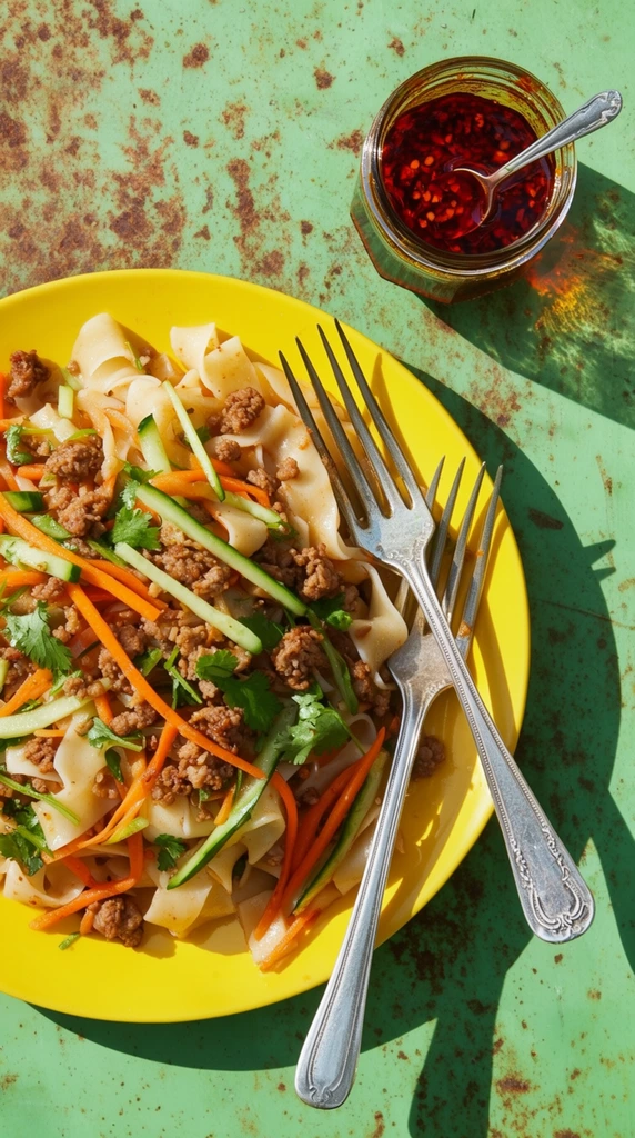 An overhead flat-lay captures a vibrant yellow plate heaped with wide, ribbon-like noodles, browned minced meat, julienned orange carrots, green cucumber strips, and fresh cilantro. Two ornate silver forks rest across the plate's right edge. A small glass jar of deep red chili oil containing a tiny silver spoon sits in the upper right. The scene is set on a distressed, light green surface heavily textured with patches of brown rust. Hard, direct sunlight casts stark, elongated dark shadows from the chili jar and forks across the weathered table, emphasizing the rich culinary textures and high-contrast color palette of bright green, yellow, and red.