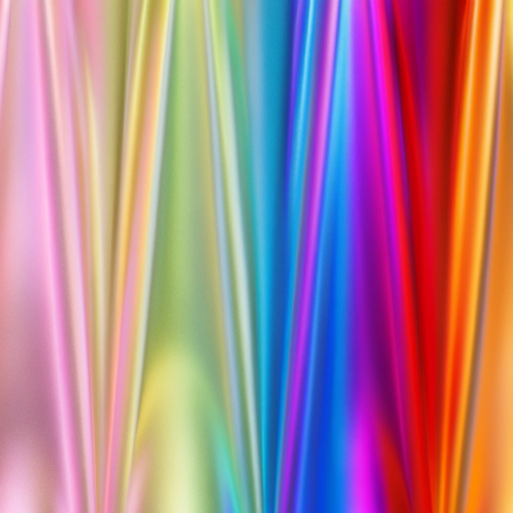 Vertical, smoothly undulating folds create an abstract, three-dimensional drapery effect filling the frame. Continuous pleats feature a vibrant, iridescent spectrum blending through seamless lateral gradients. Pastel pinks, yellows, and pale greens on the left transition into intense electric blues, magentas, reds, and oranges on the right. Luminous lighting highlights convex ridges and casts soft shadows in valleys, emphasizing rhythmic depth. A uniform fine granular texture gives the surface a matte finish resembling anodized metal or iridescent silk.