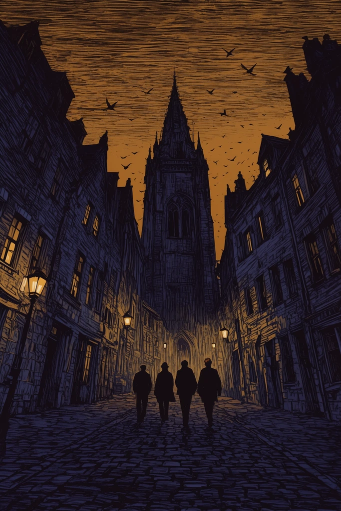 A high-contrast woodcut-style illustration of four silhouetted figures walking down a dark cobblestone street toward an imposing gothic tower. Tall, leaning medieval buildings with intricate hatching flank the path. Warm yellow streetlamps and windows contrast against deep indigo shadows. An ochre sky with heavy horizontal linework features scattered flying birds.