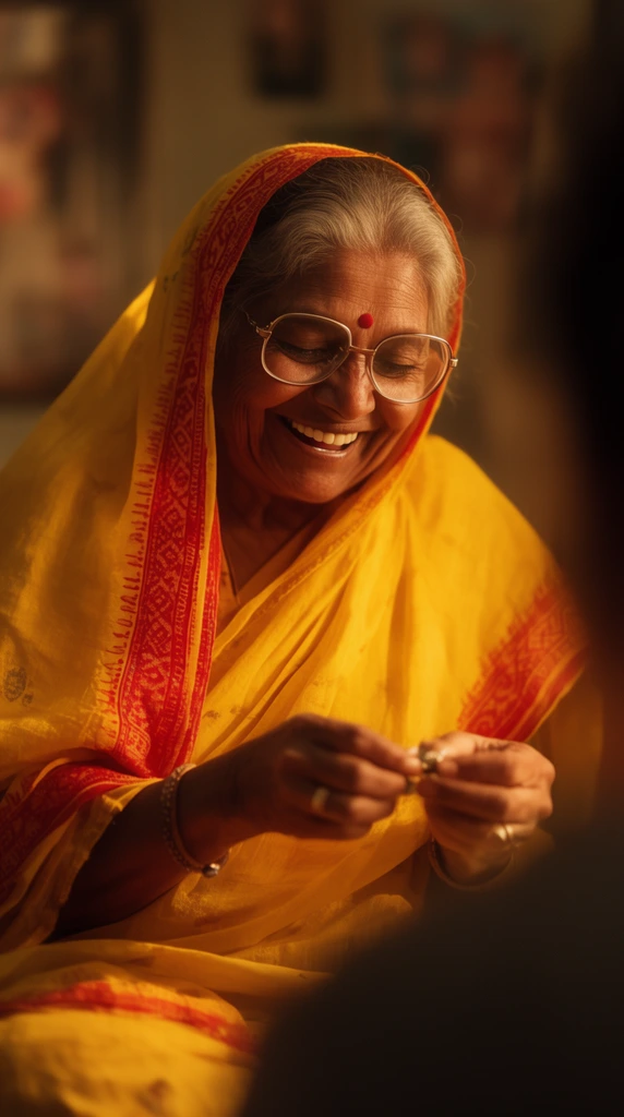 elderly South Asian woman smiling warmly, wearing a bright yellow sari draped over her head with a red patterned border, large wire-rimmed glasses, red bindi, joyful expression looking down at hands manipulating small objects, intimate medium close-up, warm golden cinematic lighting, deep shadows, blurred dark foreground silhouette, out-of-focus background, shallow depth of field
