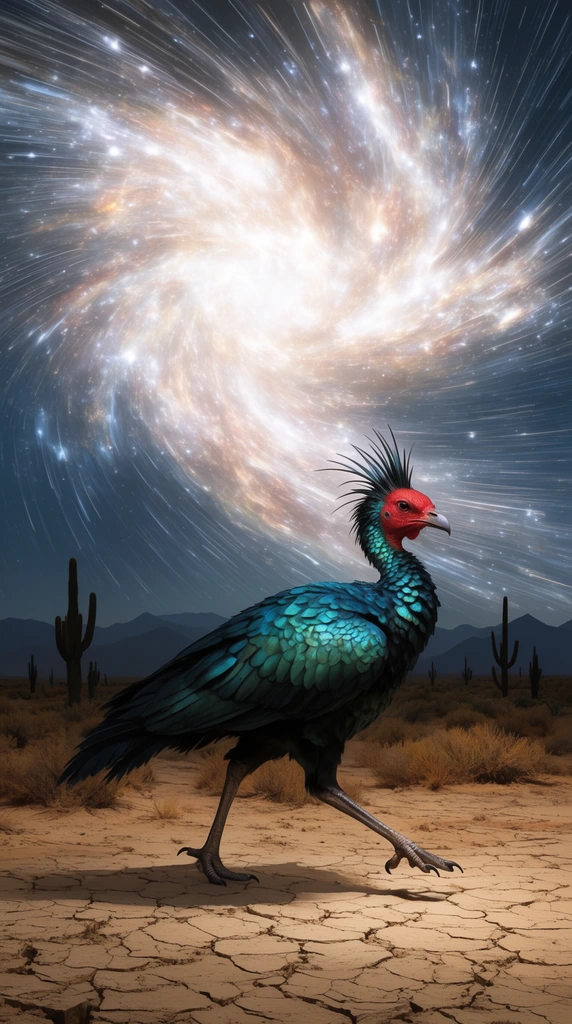 A fantastical bird with iridescent teal feathers, a red face, and spiky crest strides across a cracked desert floor. Dry scrub and silhouetted cacti dot the arid landscape leading to dark mountains. A massive, glowing nebula dominates the sky, radiating intense white light and dynamic star trails.