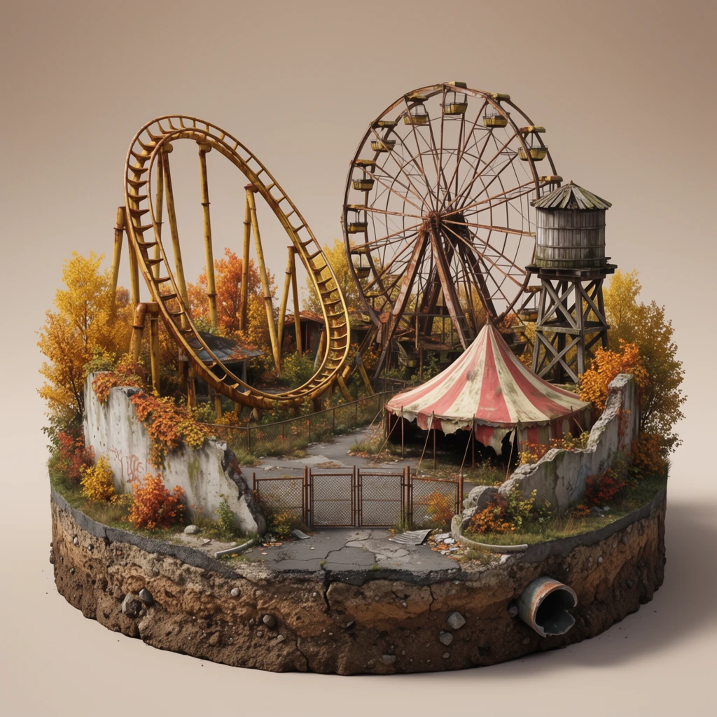 miniature floating diorama of an abandoned amusement park on an earth cross-section, rusted yellow roller coaster, decaying Ferris wheel, weathered wooden water tower, tattered striped tent, crumbling concrete walls covered in autumn foliage, yellow and orange trees, cracked asphalt, rusted chain-link gate, exposed dirt base with a broken drainage pipe, solid beige background, photorealistic 3D render, macro photography aesthetic, highly detailed textures, soft studio lighting