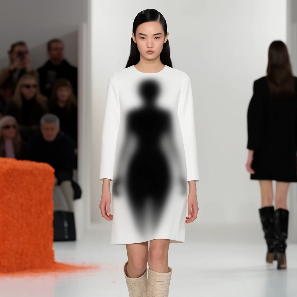 A fashion model walks a bright white runway wearing a white shift dress printed with a striking, intentionally out-of-focus black gradient silhouette. She has sleek dark hair and textured beige knee-high boots. Blurred spectators and an orange block sit on the left, while another model walks away on the right. Sharp photography focuses on her face, emphasizing the surreal trompe l'oeil illusion of the blurry garment.