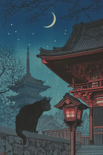 Nocturnal Woodblock Noir style reference image — traditional architectural silhouettes