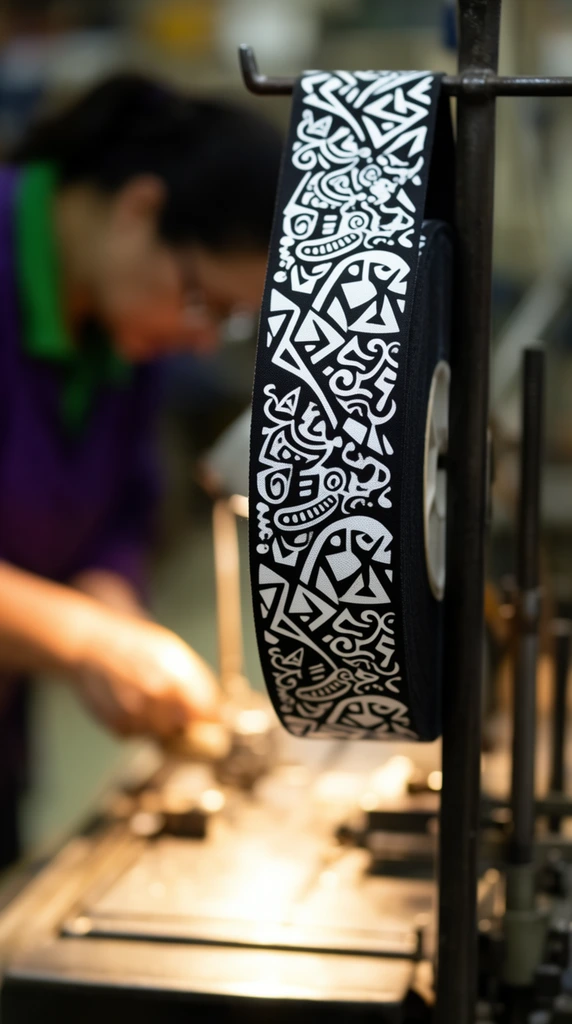 A tight close-up emphasizes a spool of wide, black fabric tape suspended from a vertical dark metal rack. The tape is densely patterned with bold, high-contrast white abstract geometric motifs and intricate decorative graphics. An extremely shallow depth of field isolates the textured roll, rendering the workshop background into a soft blur. In the out-of-focus background on the left, a figure wearing a deep purple top and a vibrant green collar leans over a brightly illuminated metallic workstation, operating machinery. Warm, directional light spills across the work surface and the blurred hands in motion, creating glowing highlights and smooth, golden bokeh throughout the industrious environment.