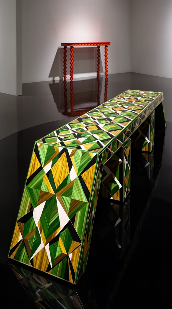 An elongated geometric bench with a sloped front profile and dual rectangular supports, completely enveloped in a complex trompe l'œil marquetry pattern. Interlocking diamonds and triangles in vibrant green, golden yellow, solid black, and white feature directional grain textures that catch the dramatic spotlighting. The bench rests on a highly reflective glossy black gallery floor, creating a perfect dark mirror image. In the background against minimalist white walls stands a slender red and orange console table with intricate zigzag legs. Precise lighting highlights the sharp angles and highly polished finish of the foreground piece, emphasizing the optical depth of its intricate veneer within the pristine exhibition space.