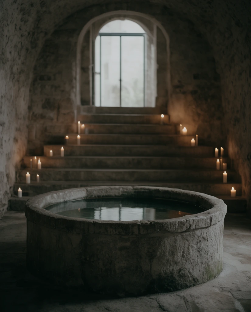 circular stone water basin, still water reflecting dim light, rustic stone interior with rough textured walls, wide ascending stone staircase in background, flickering candles lining the steps, arched doorway at the top, soft pale daylight filtering through a glass door, moody atmospheric lighting, muted earthy color palette, shallow depth of field