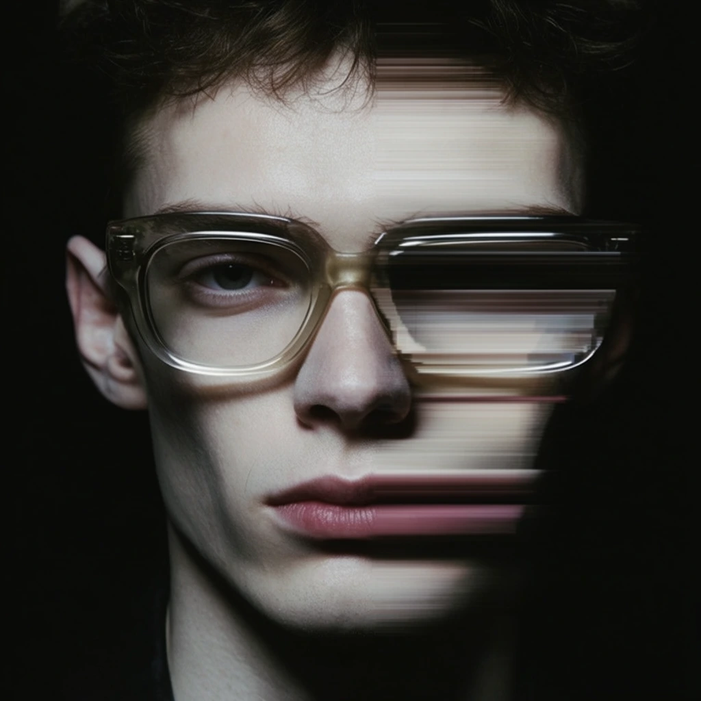 portrait of a young man wearing thick translucent glasses, right side of face distorted by horizontal digital slit-scan stretch, dramatic low-key lighting, pale skin, solid black background, avant-garde fashion photography
