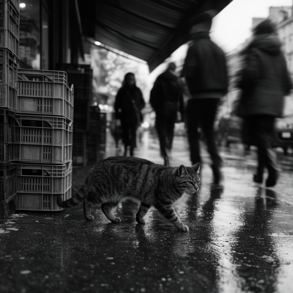 Tabby cat prowling on wet reflective pavement, stacked plastic crates, blurred pedestrians walking under storefront awning, black and white street photography, moody urban atmosphere, high contrast