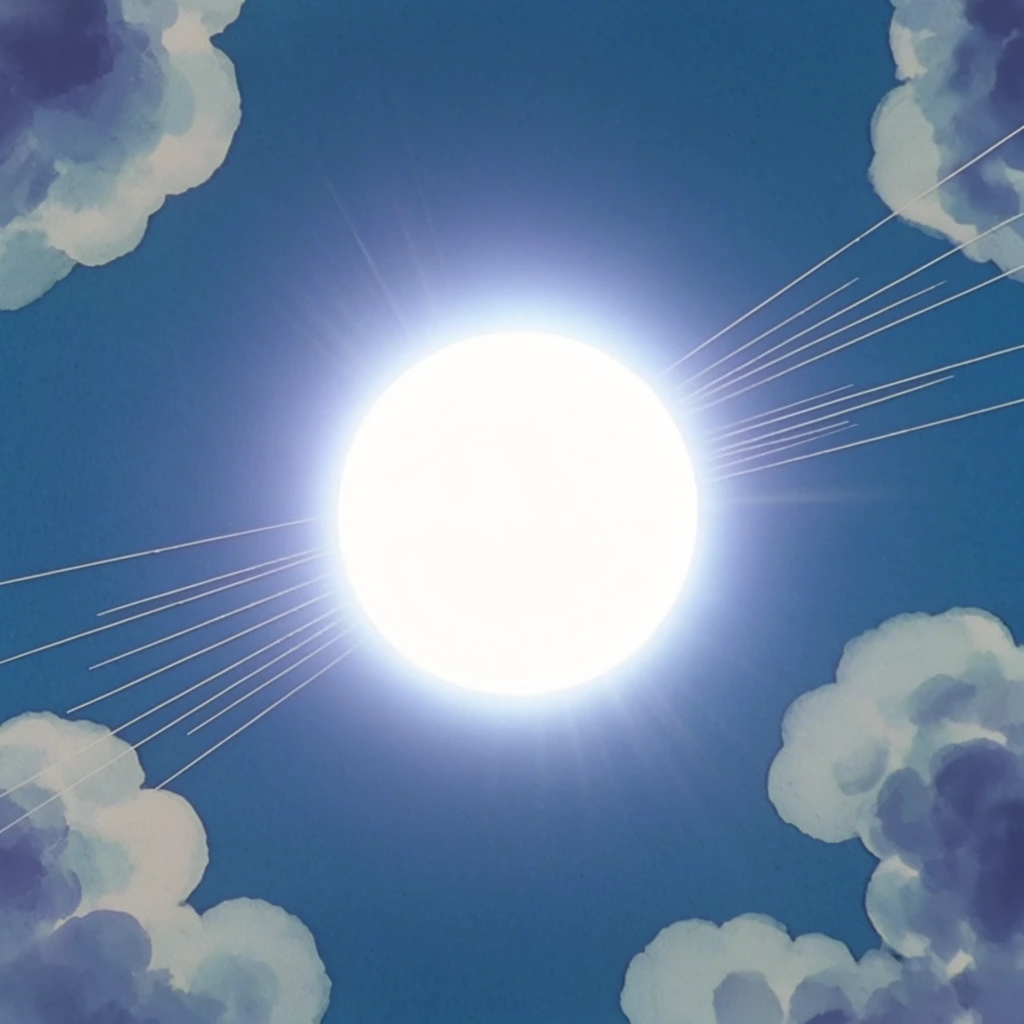 A brilliantly glowing, pure white orb centered against a flat azure sky, emitting intense radiant energy. Sharp, thin white speed lines streak diagonally outward from behind the central light source. The extreme corners of the frame are anchored by stylized, puffy clouds featuring hand-painted watercolor textures, rounded volumetric forms, and soft violet-blue shadows. The composition evokes 1990s retro cel animation, defined by a soft optical bloom around the blinding sphere, traditional matte painting techniques, and a subtle atmospheric film grain.