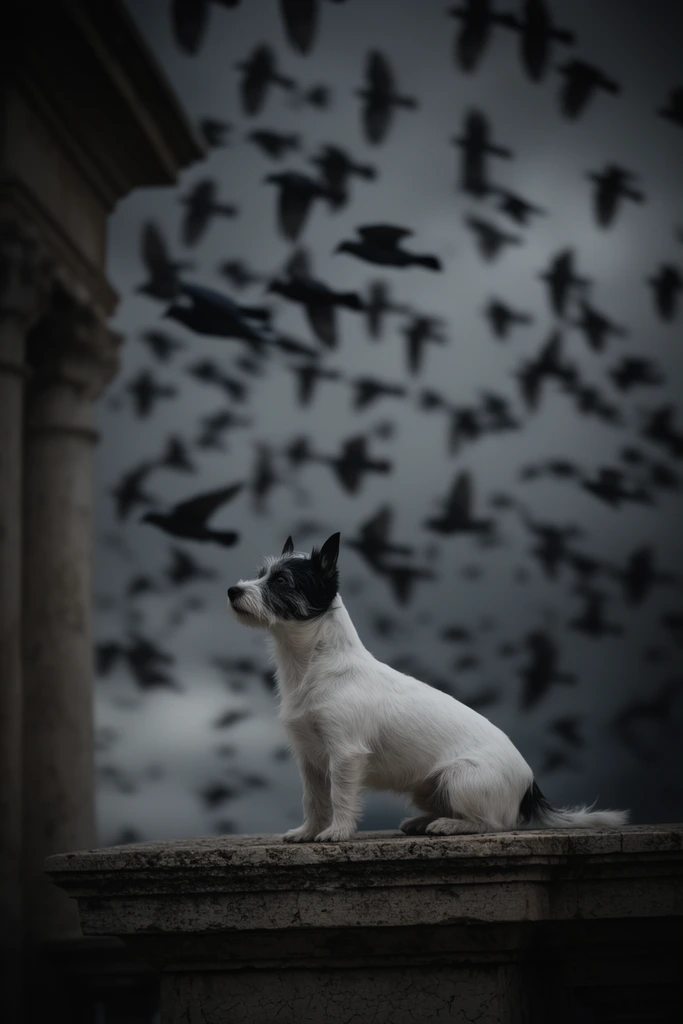 A small white terrier with black head markings sits attentively on a textured stone ledge, gazing up and to the left. A dense flock of dark birds flies in blurred motion across a brooding, overcast grey sky behind the dog. An out-of-focus architectural pillar frames the left edge. The cinematic image features a moody desaturated palette, subtle edge vignetting, and shallow depth of field, sharply isolating the perfectly still dog against the dark, chaotic motion of the blurred avian background.